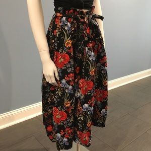 Black Floral A-Line Skirt with Belt and Pockets